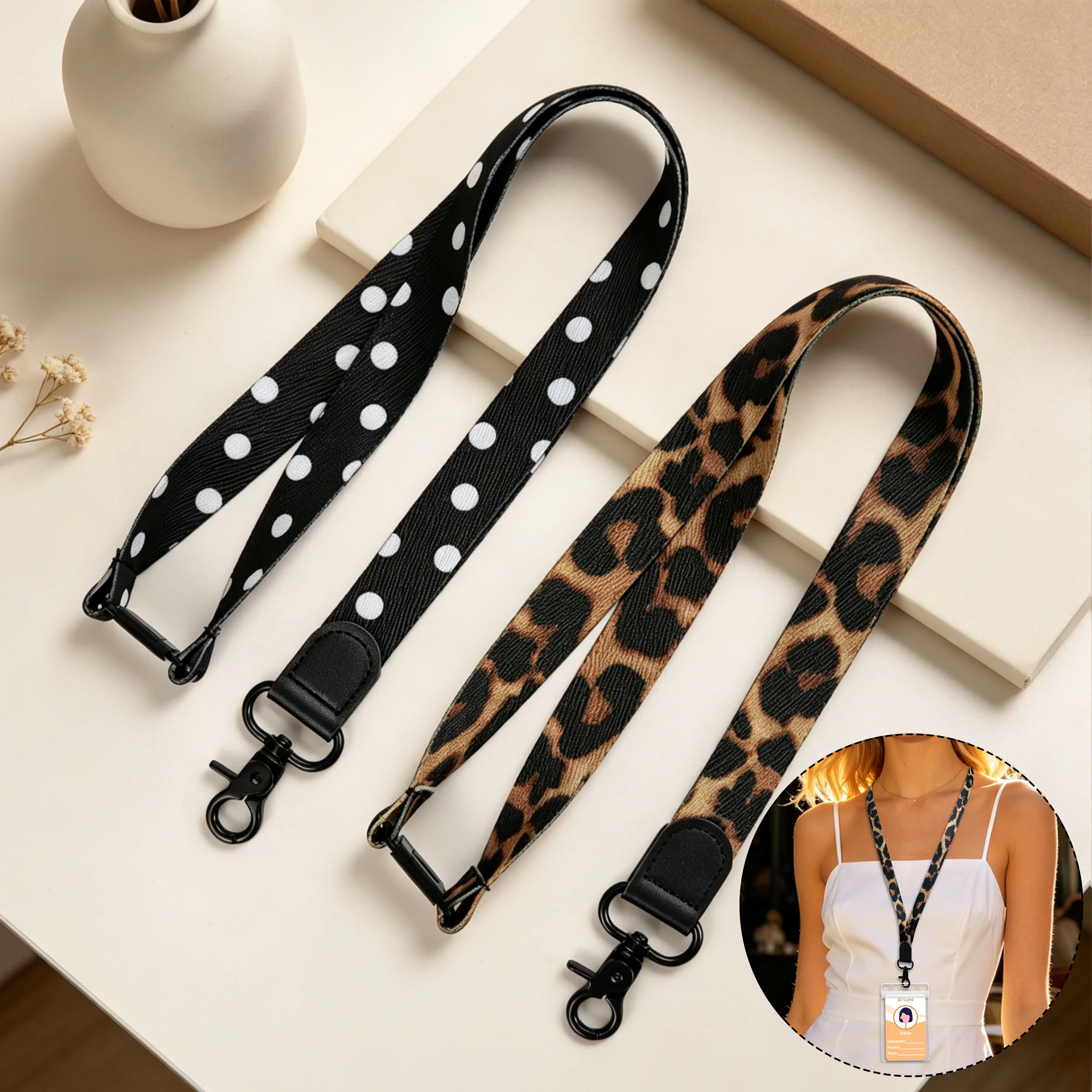Leopard /Polka Dots Neck Lanyards for Keys ID Badges Holder Keychain Teacher Lanyard with Safety Breakaway Buckle for Women Men
