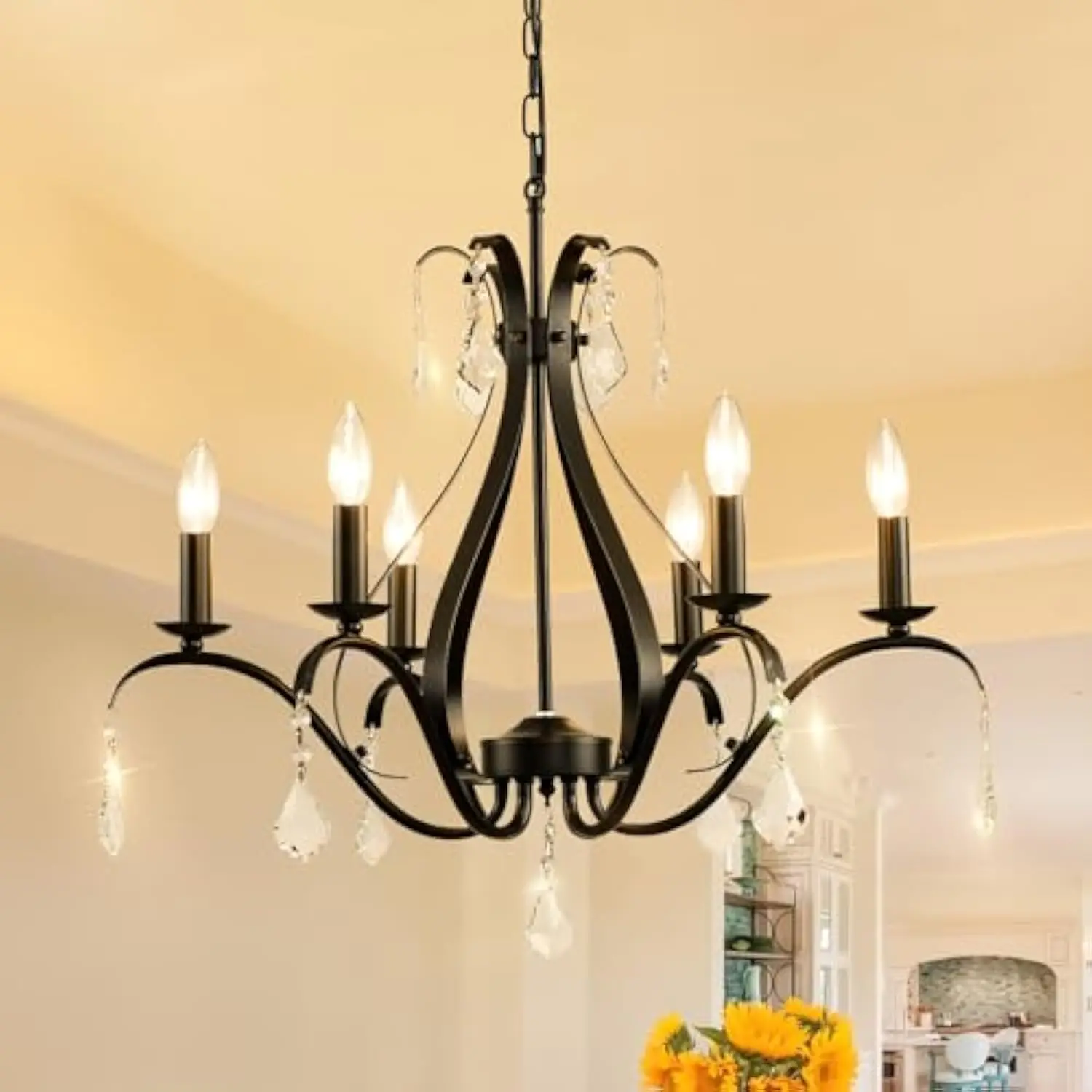 

24 Black Chandelier Light Fixture Farmhouse: 6-Light Black Crystal Chandeliers for Dining Room, Foyer Chandeliers for High Ceil