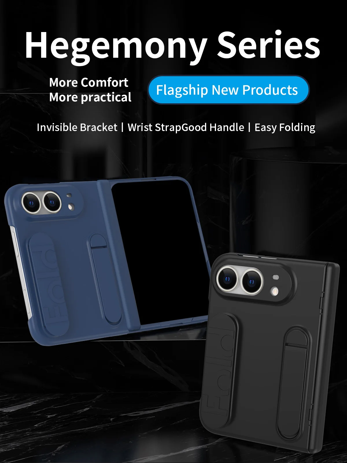 For iPhone Duo Foldable Case Built‑in Front Tempered Glass Film Hinge Protection One‑Hand Grip Strap Kickstand Shockproof Full