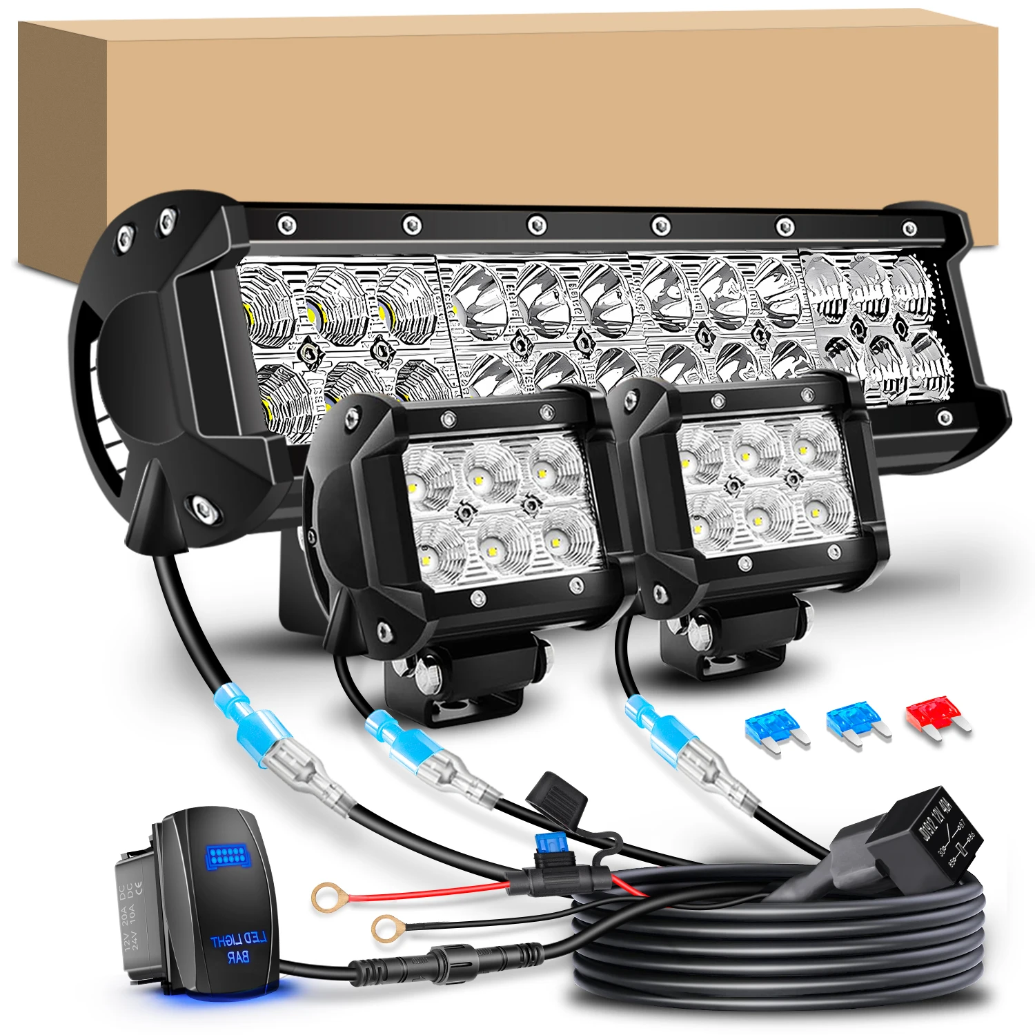 

﻿ 12-дюймовая комбинированная светодиодная панель Spot Flood Combo и 2 4-дюймовых светодиодных стручка с жгутом противотуманных фар для Jeep Wrangler Boat Truck Tractor