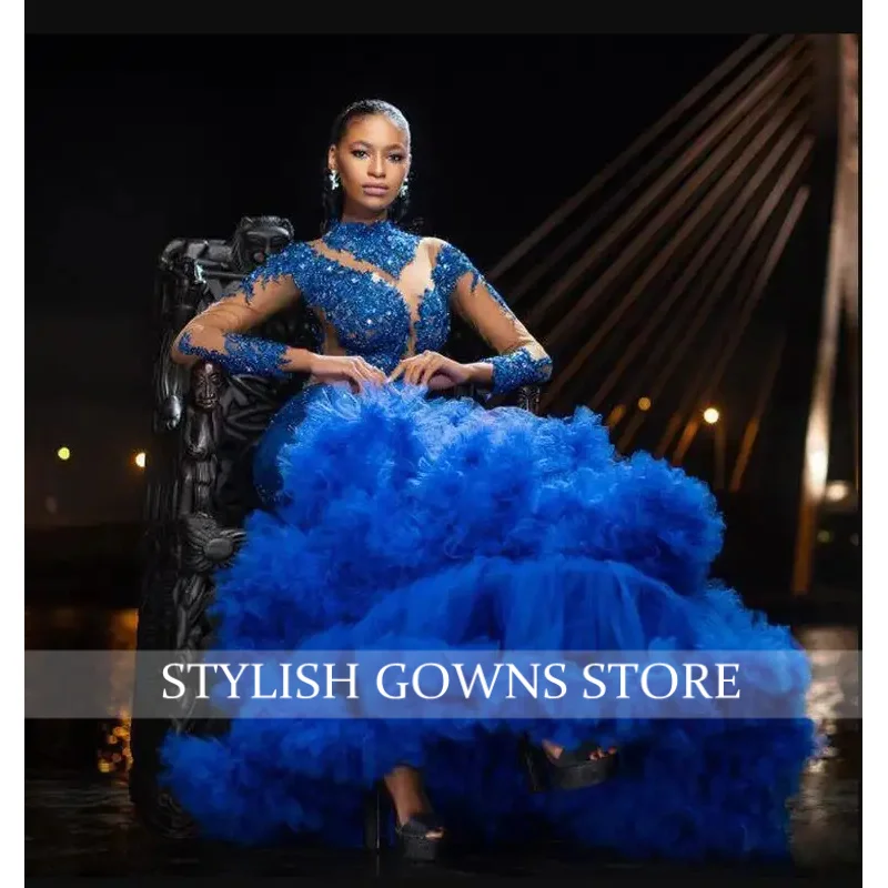 エレガントなプロムドレス ビーズアップリケ袖 ローブ・ド・ソワレ ゴージャスなブルー 豪華なフリル パフスリーブ イブニングドレス ページェントガウン マーメイド