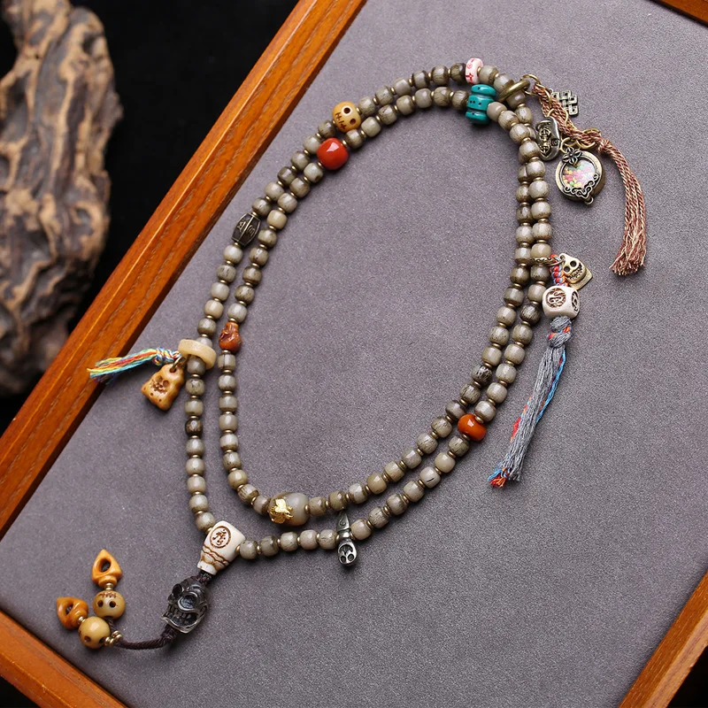 108 Of Yak Bone Buddhist Prayer Beads, Hand-Held Three-Way Connector, Copper Gahu Box, Side-Hanging Accessory