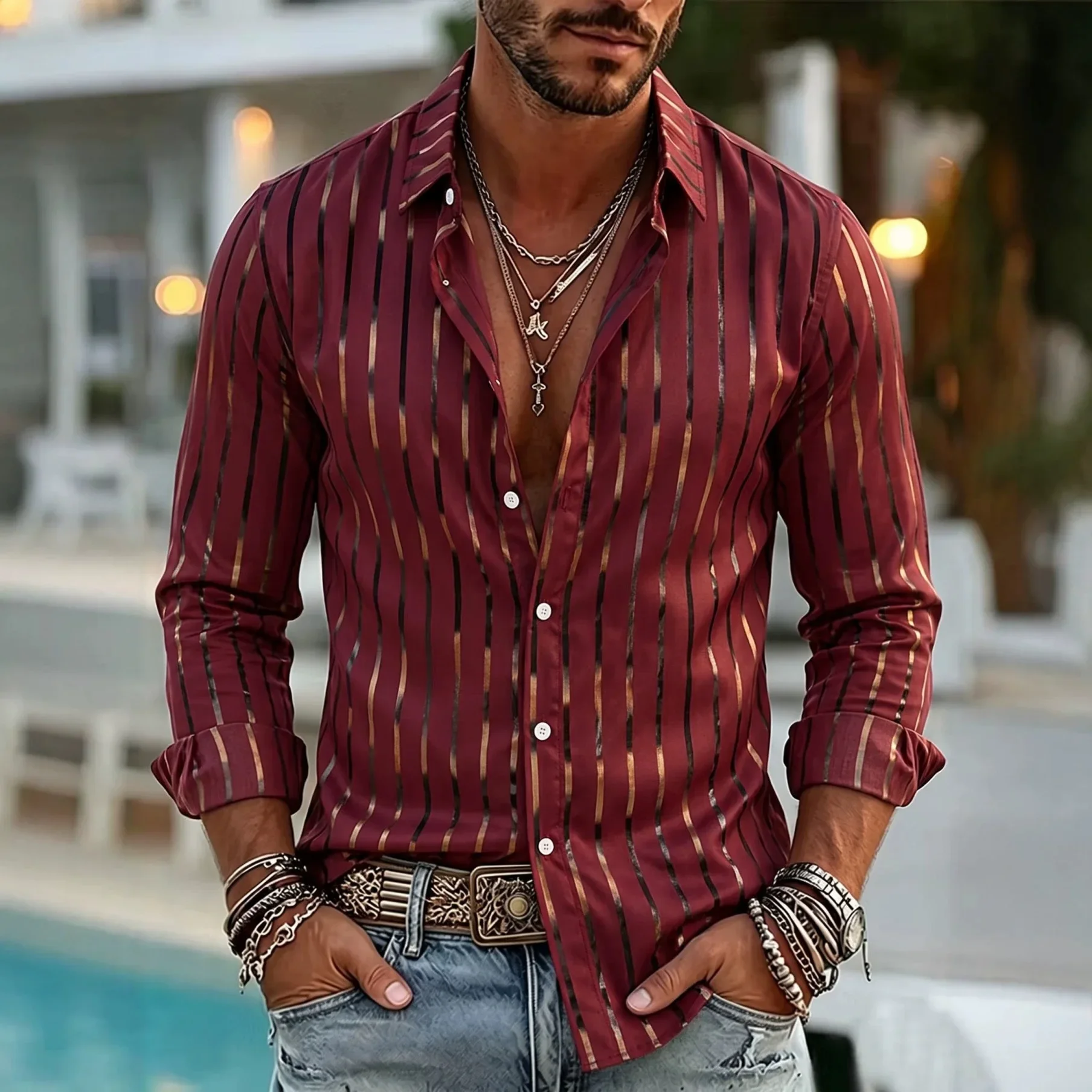 2026 New Men's Long Sleeved Shirt Model Casual Fashion 3D Striped Print High-Quality Shirt Single Breasted Long Sleeved Top