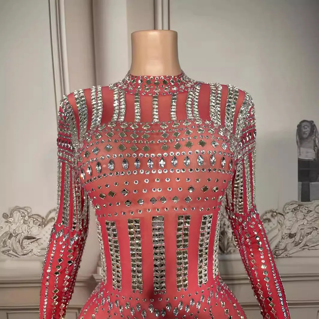 Birthday Diamond Performance Dress Pink Rhinestone Mesh Dinner Party Evening Elegant Dress Vestido Festa Luxuoso Vermelho Babado