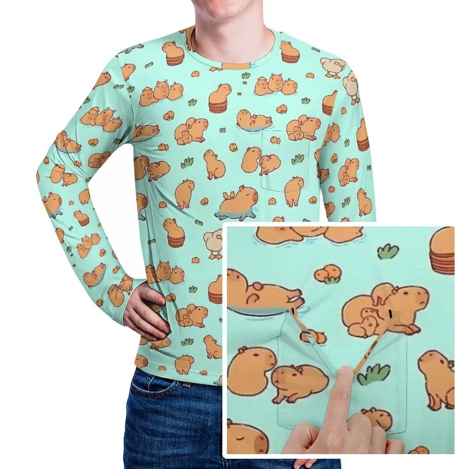 Cute Capybara Art T Shirt With Pocket Animal Print Fashion T-Shirts Man Awesome Tee Shirt Long Sleeve Design Tops Plus Size 5XL