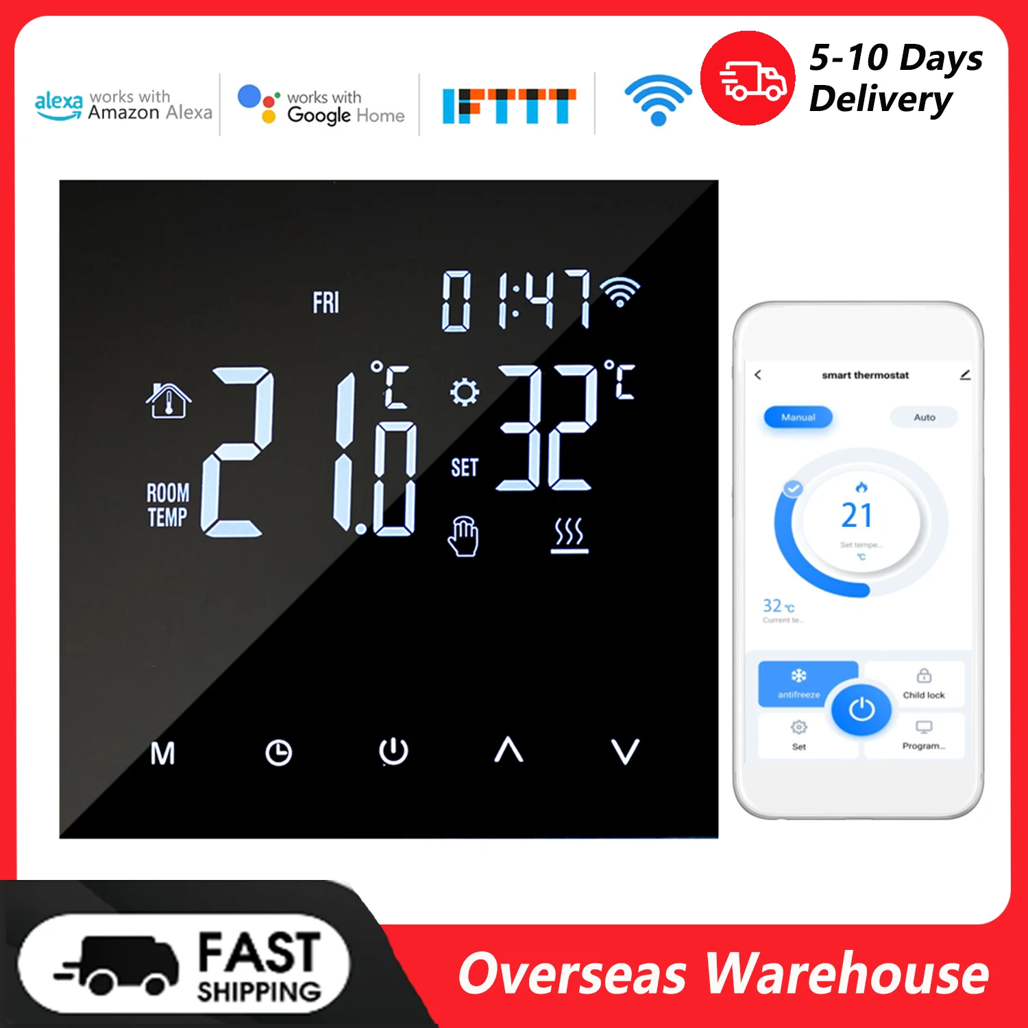 Smart Heating Thermostat Digital Temperature Controller Mobile Phone APP Control Touchscreen LCD Display Week Programmable Water