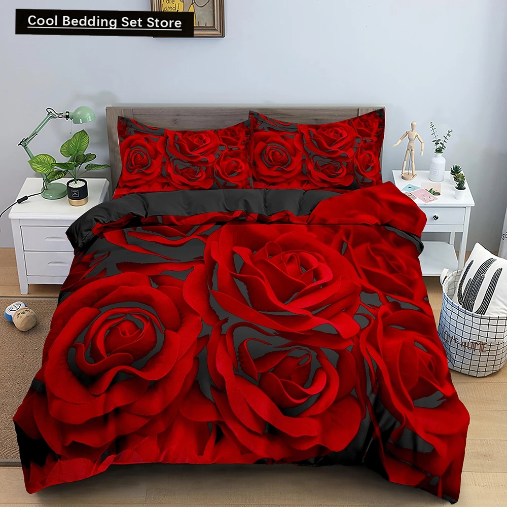 

Red Rose Duvet Cover Girls Romantic Flowers Bedding Set King Queen Wedding Valentine's Day Floral 2/3pcs Polyester Quilt Cover