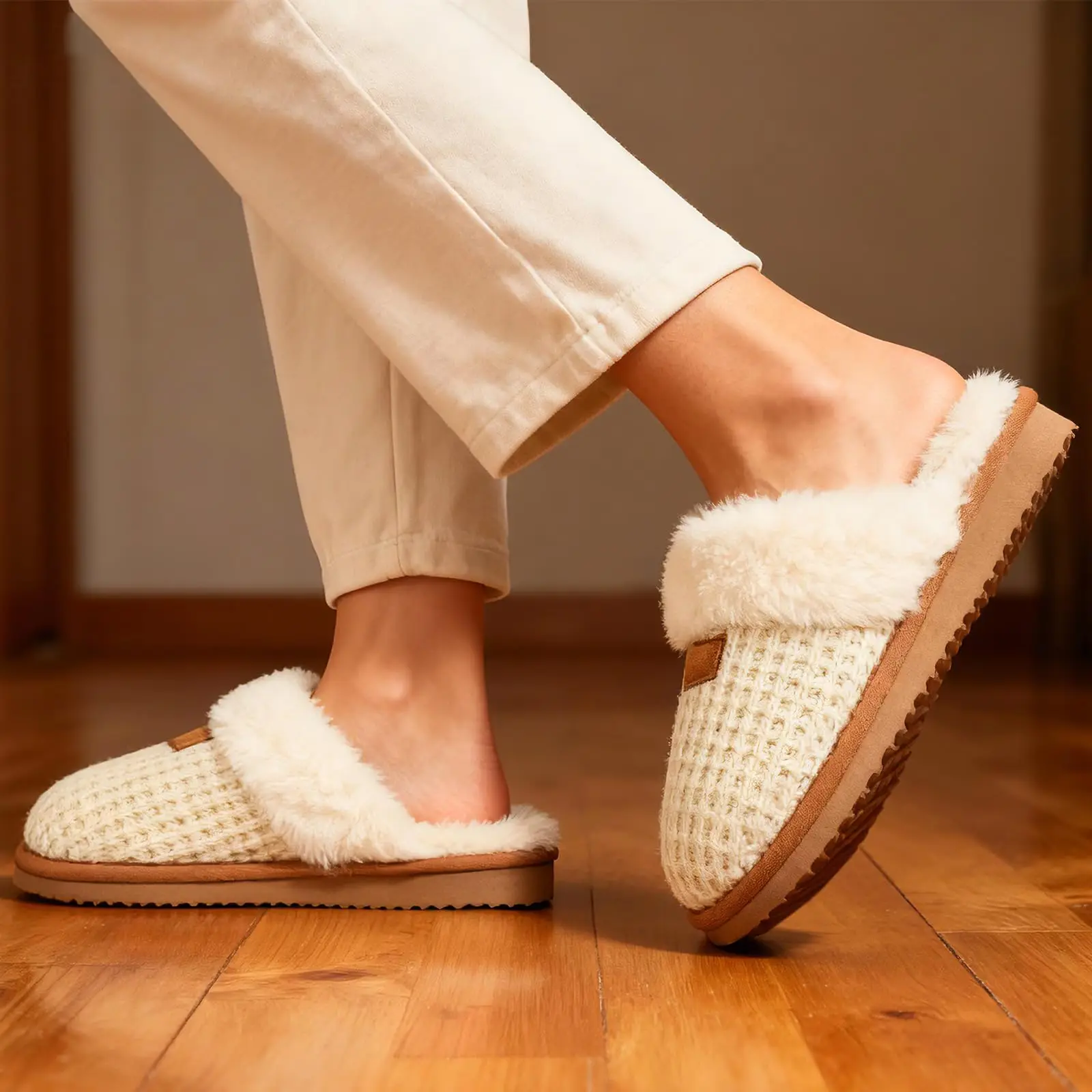 Comwarm Hausschuhe mit Kunstfellfutter für Damen, weiche, flauschige Innenhausschuhe, flauschig warme, bequeme Damenhausschuhe mit Memory-Schaum. – Detail 10