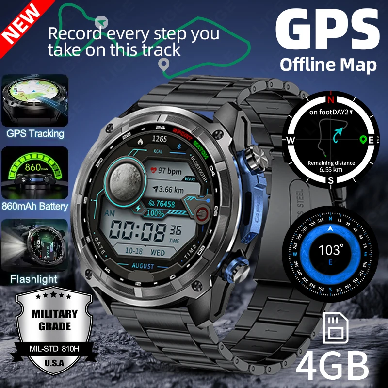 

LIGE GPS Offline Maps Смарт-часы Видеоплеер 860 мАч Военная память 4 ГБ Спорт на открытом воздухе Фитнес Мужчины Плавание Водонепроницаемые умные часы