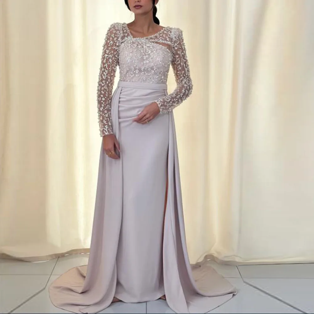 Vestidos de noite elegantes personalizados com contas e trem destacável, decote em v, manga comprida, vestido formal para mulheres, vestido de celebridade de cetim