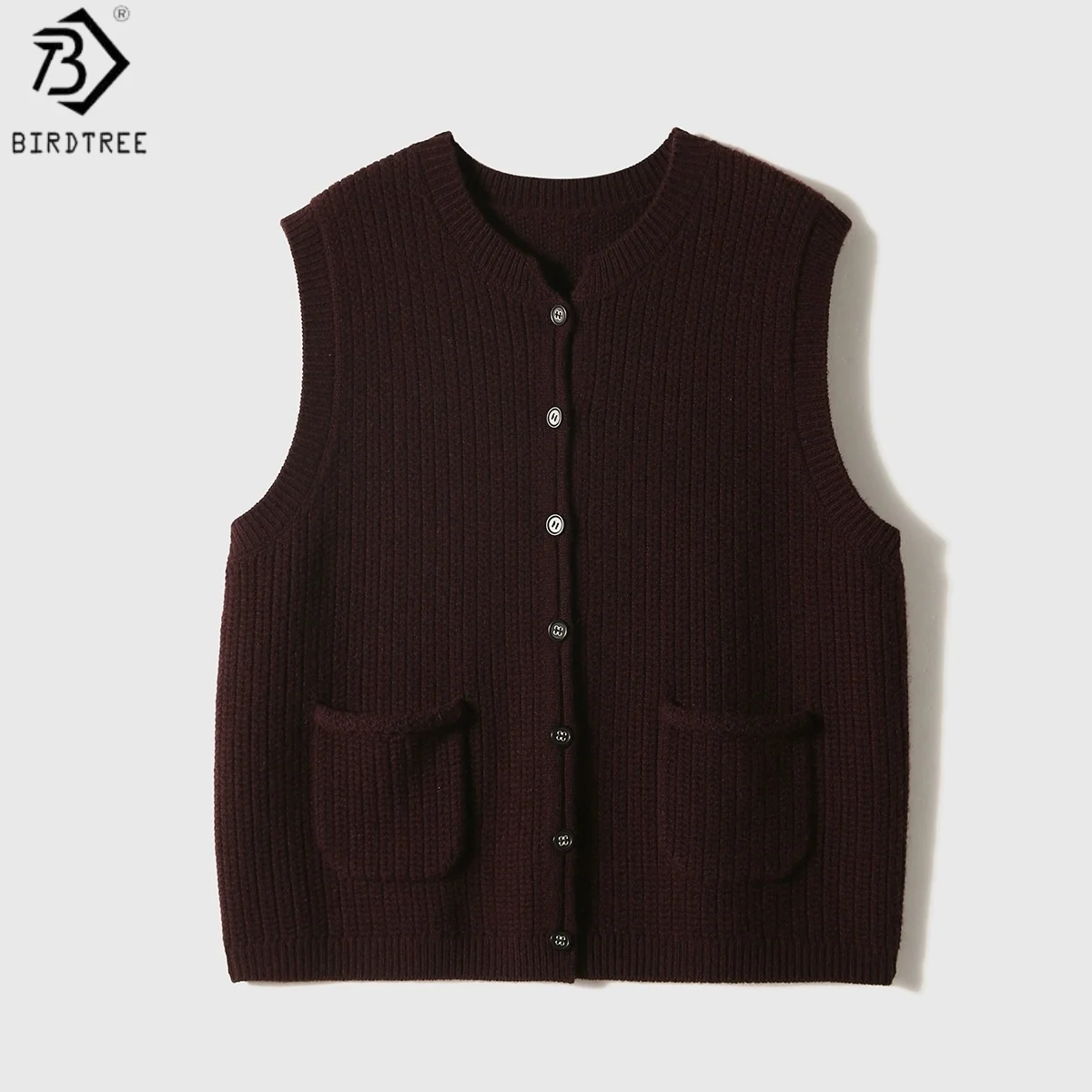 

Birdtree, вязаный жилет из 90% овечьей шерсти, 10% кашемира, женский однобортный свитер с круглым вырезом, осень/зима 2025, жилет T5O727JF