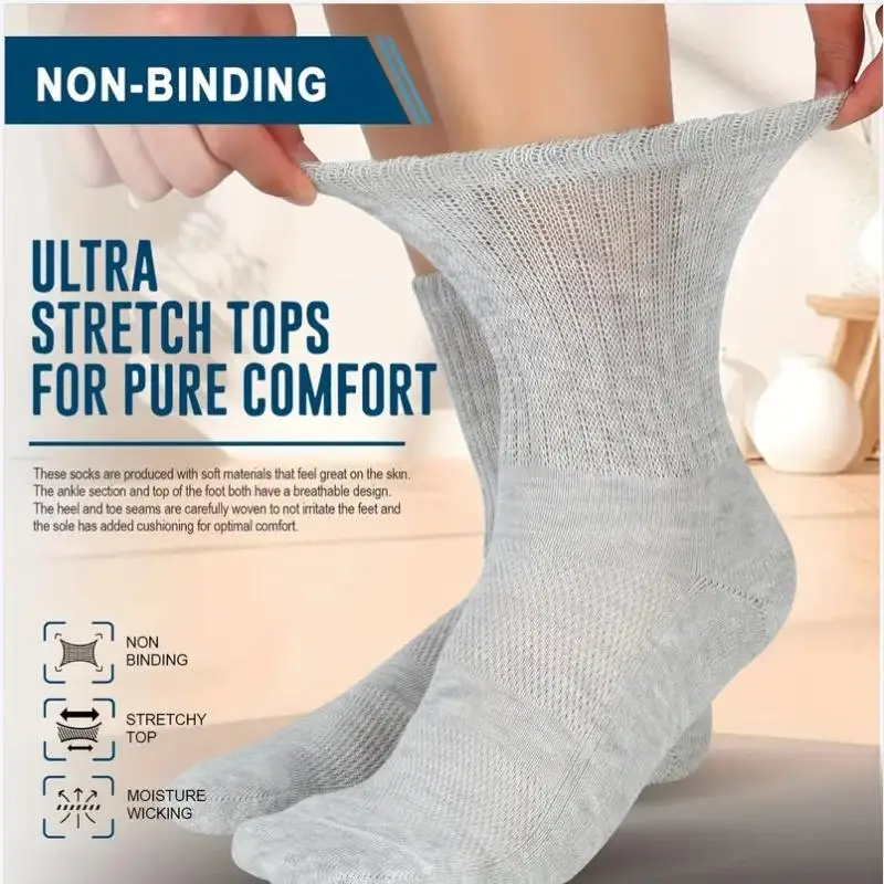 Diabetic Crew Socks Non-Binding Loose Fit For Women & Men Soft Cushioned Sole Moisture Wicking