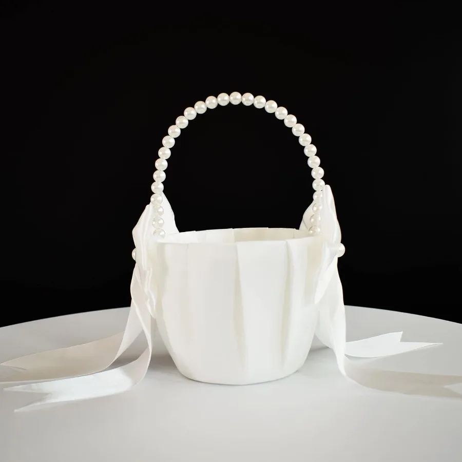 سلة أنيقة لفتاة الزهور مع مقبض لؤلؤي لحفلات الزفاف، إكسسوار ديكور مثالي لحفلات الزفاف، مثالي لـ H
