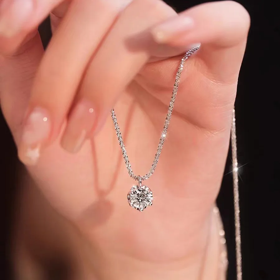 Sparkling Six Prong Single Zircon Pendant Necklace, Silver Shimmer Thin Chain Minimalist Korean Clavicle Necklace Luxury Daily Jewelry for Women