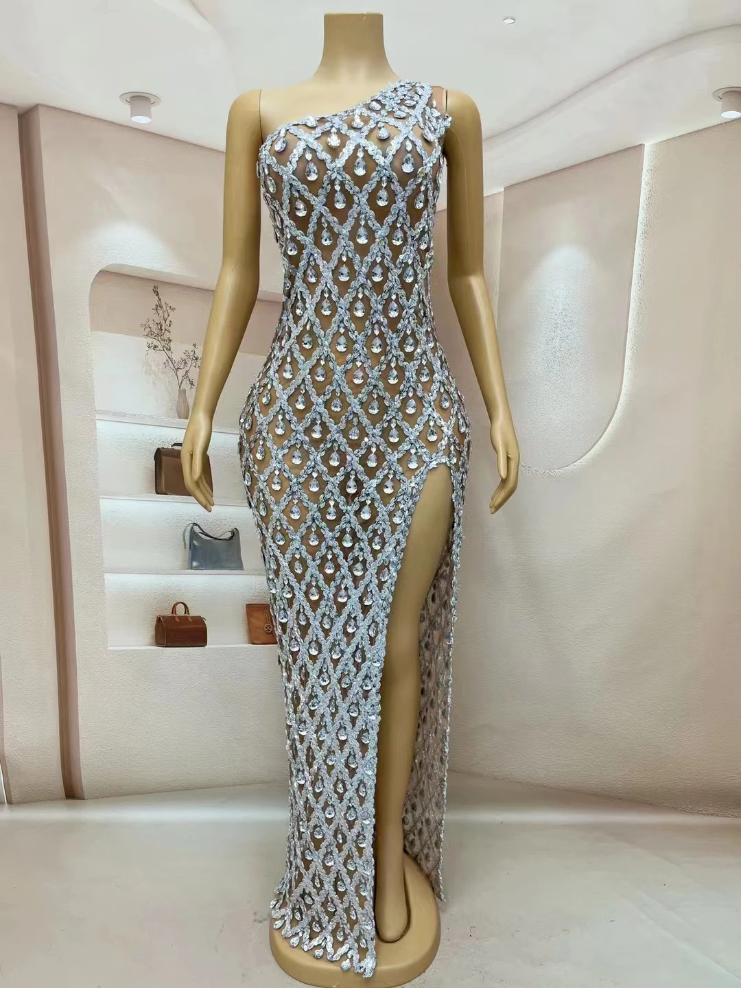 Sexy luxo prata lantejoulas strass vestido feminino noite celebrar festa de aniversário transparente alta divisão vestido longo fotografia