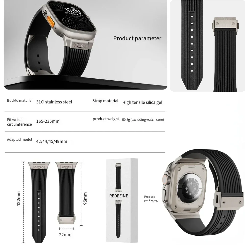 Liquid Silicone Strap for Apple Watch Ultra 2 49mm10 9 8 7 46mm 45mm High-end Stainless Steel Buckle Correa 6 5 4 3 SE 44mm 42mm