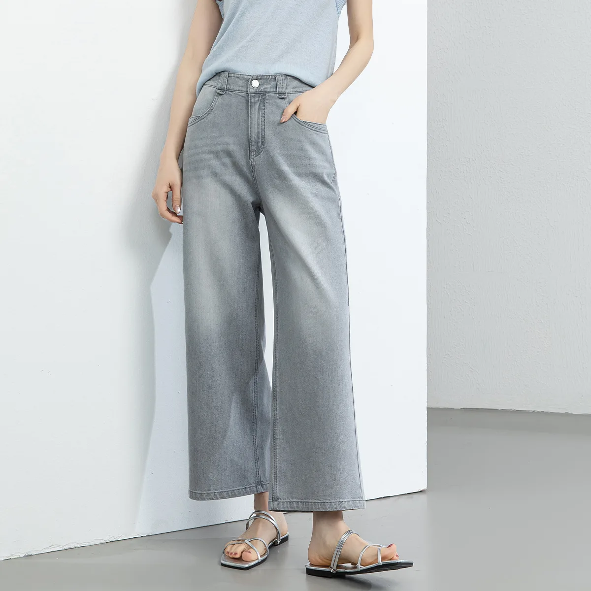 

Xingge Straight Leg Nine-Tenths Denim Jeans Mid-High Waist Conceal Meat Ele Slimming Lazy Wide Leg Pants