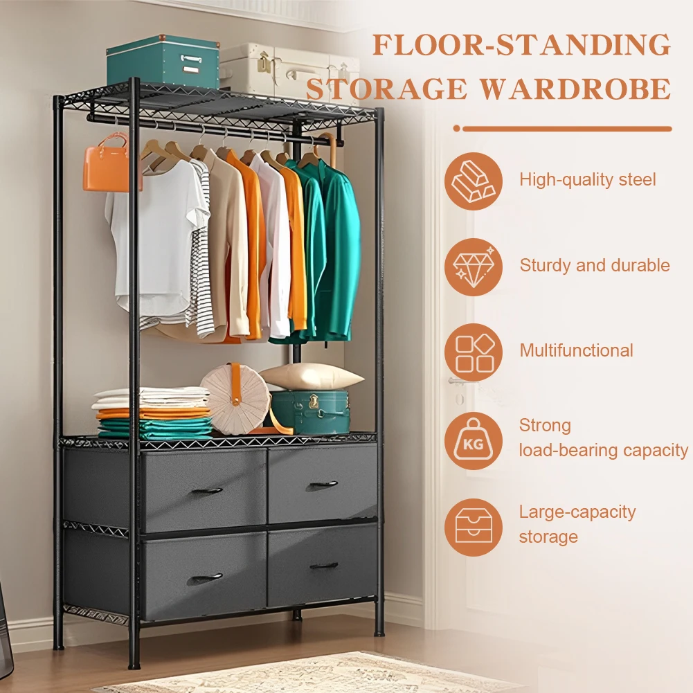 

Metal Clothing Rack with 4 Large Fabric Drawers Clothes Hanging Rack on The Ground Adjustable Shelves for Hanging Clothes