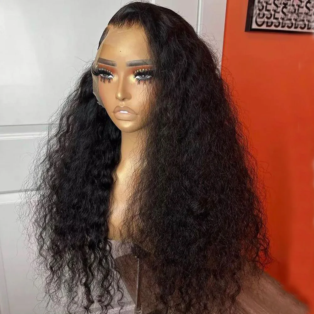 Natural Black Glueless 180Density 26Inch Long Soft Kinky Curly Lace Front Wig For Black Women With Baby Hair Preplucked Daily