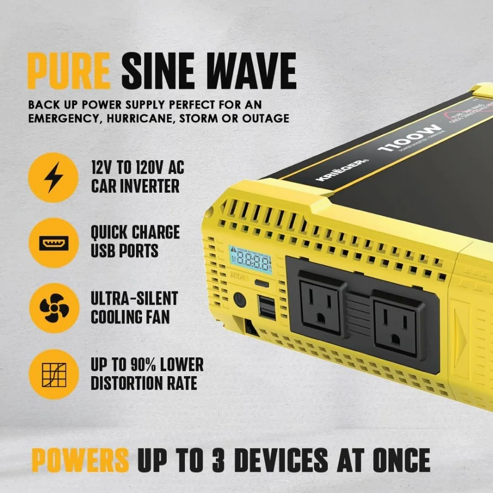 1100W Pure Sine Wave Inverter 12V DC To 120V AC Converter,12V To 110V with Built-in 5V/2.1A USB Port, AC Hardwire Port