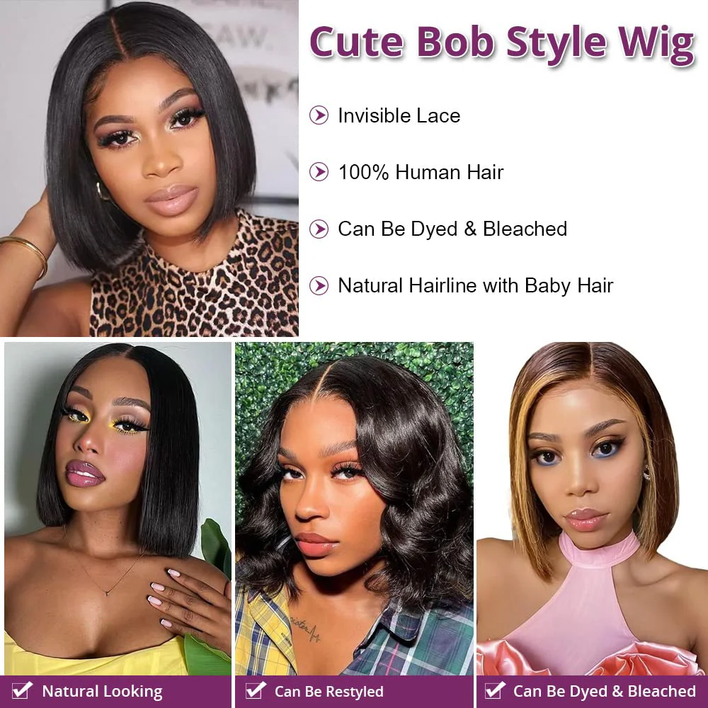 Perruque Bob Lace Front Wig naturelle lisse, cheveux courts, 4x4, densité 180%, pour femmes africaines