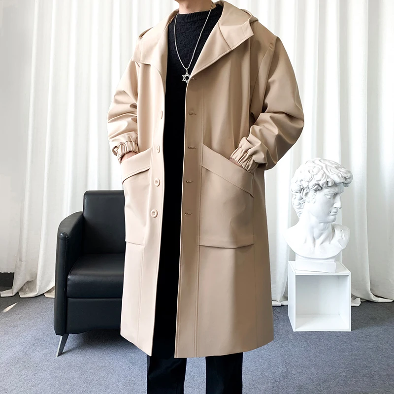 

Men's Mid - Length Hooded Trench Coat: Casual Black Overcoat with Pocket Details for Autumn/Winter