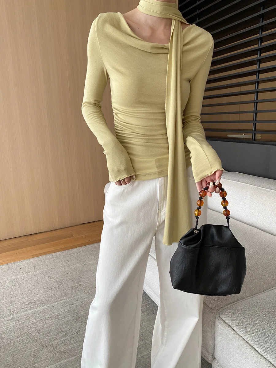 Swinging Collar Ribbon Knit T-shirt 2024 Autumn Slim Fit Sweater With Scarf  for Women