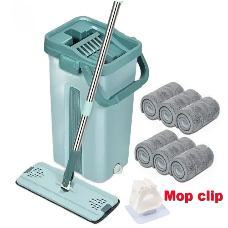 Flat Squeeze Mop with Bucket Hand Free Wringing Floor Cleaning Mop Microfiber Mop Pads Wet or Dry Usage on Hardwood Laminate