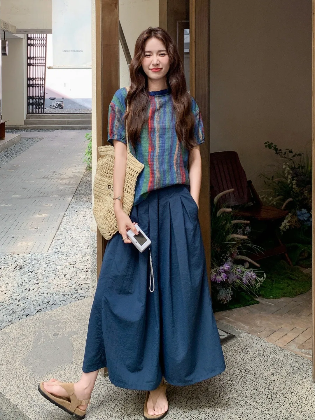 Slimming Effect Loose Wide Leg Pants Two Piece Set Women's Fashion Summer 2026 Floral Collar Striped Short Sleeve Top