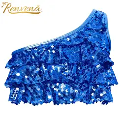 Fashion Kids Tops for Girls Shiny Sequins Sleeveless Crop Top Metallic One Shoulder Vest Children Dancewear Jazz Dance Costume