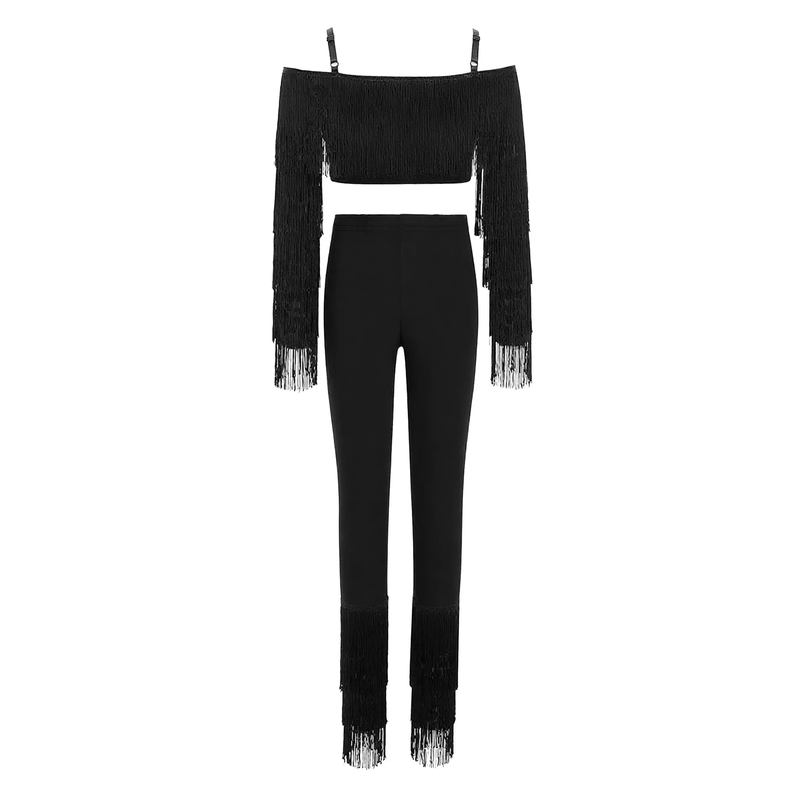 

Girls Latin Dance Costume Leopard Print Tassel Design Long Sleeve Adjustable Strap Crop Top with Pants for Stage Competition