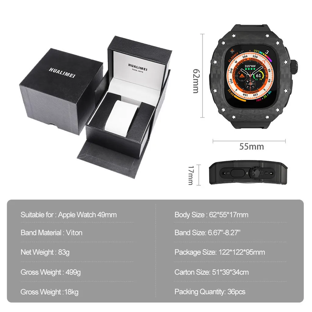 Carbon fiber titanium metal case luxury modification kit rubber strap compatible for Apple Watch Ultra 2 49mm IWatch series 49mm