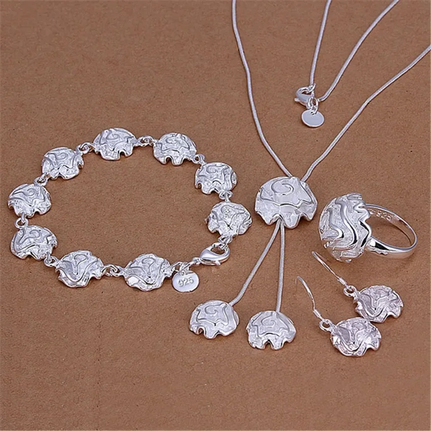 Fine Rose Flower Jewelry Set para mulheres, bonito 925 Sterling Silver, brincos finos, anéis, pulseiras, colares, presentes de festa na moda, novos