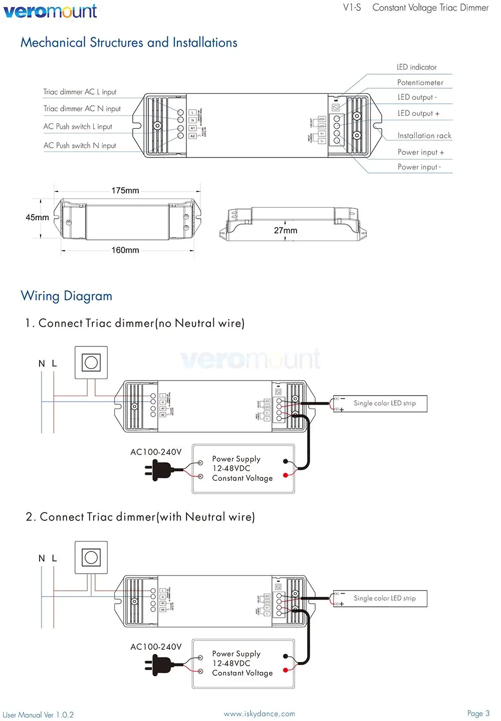 Skydance V1-S Triac Dimmer 12V 24V 36V 48V DC Tensione Costante AC40V-220V Push-Dim CV Triac LED Dimmer 1CH 15A per Luce LED