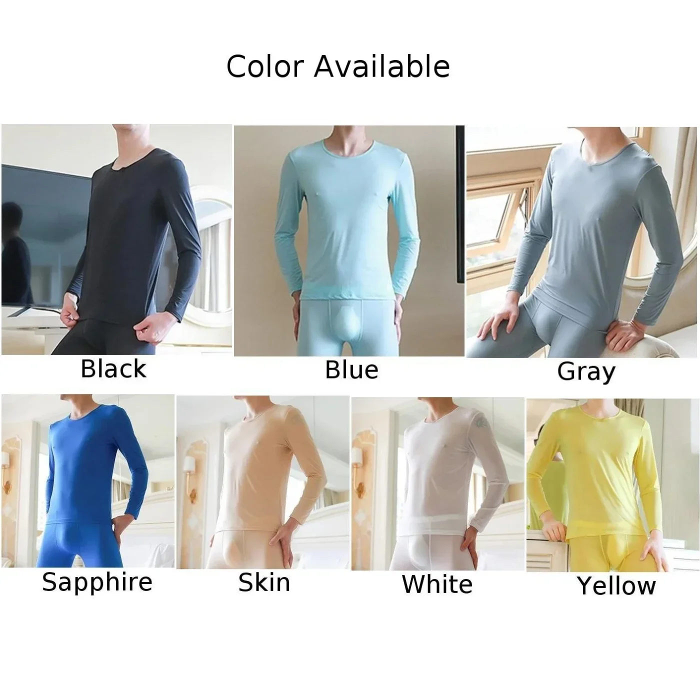 Solid Color Men Thermal Underwear Tops Ice Silk Seamless Long Johns T-Shirt Nightwear Elastic Ultra Thin Lingerie Tops For Man