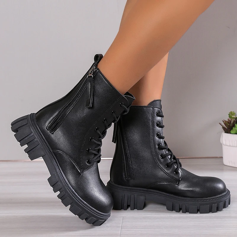 2024 Black New Women Ankle Boots Autumn Winter Platform Lace Up Ladies Punk Boots Thick Sole Zipper Combat Booties Female