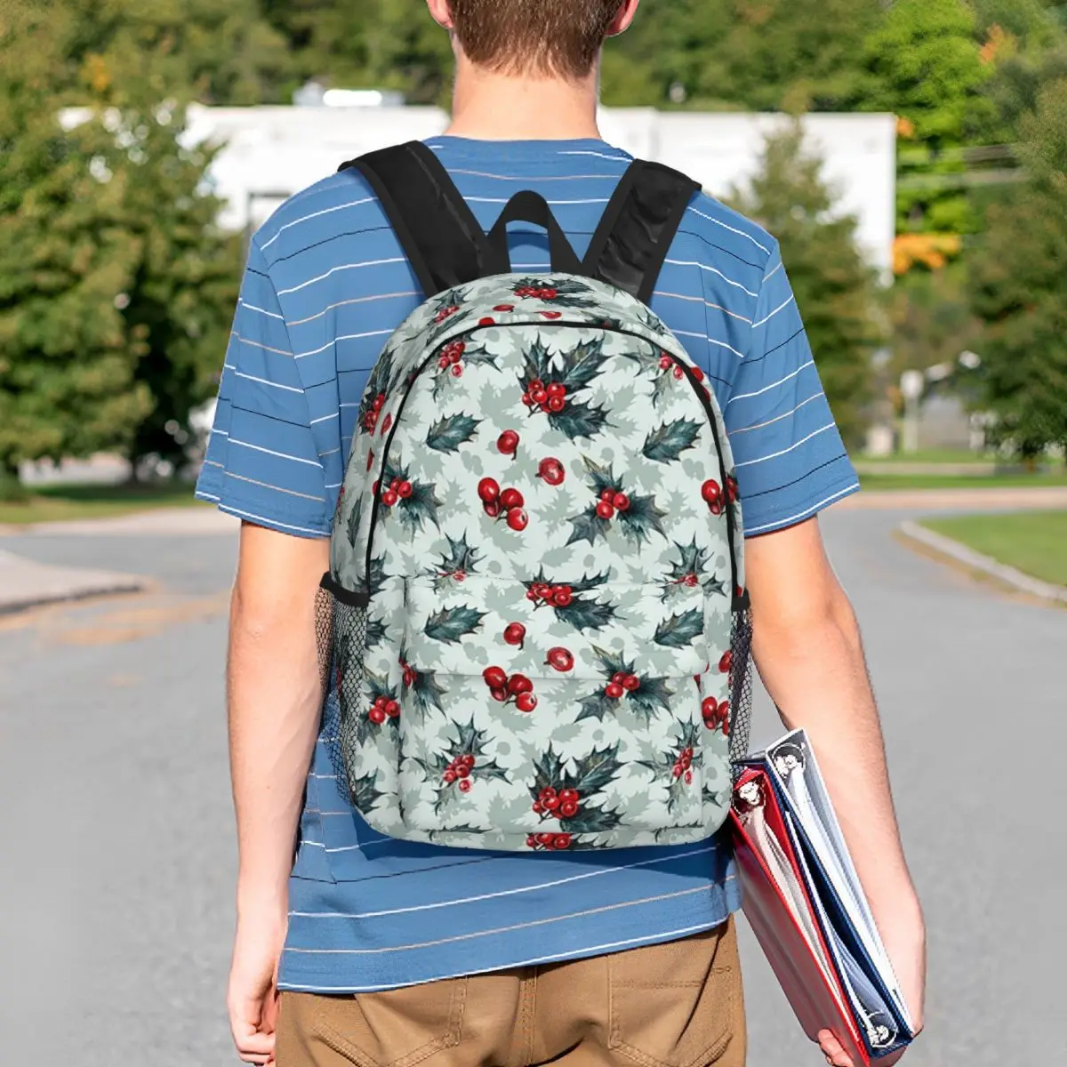 

Christmas Holly And Berries Pattern Backpack Student BookBag Kids School Bag Computer Shoulder Bags for Men Women