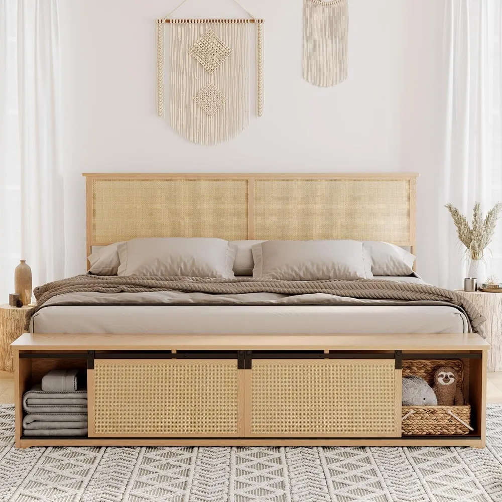 

Natural Rattan King Size Bed Frame with Sliding Barn Door Storage Cabinets and Headboard, Boho Farmhouse Wood Platfor