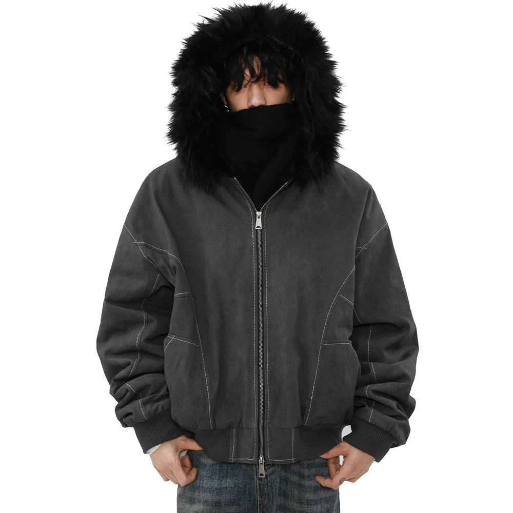 

Men Winter Streetwear Fashion Hip Hop Vintage Fur Collar Warm Hooded Parkas Jacket Unisex Loose Casual Y2k Thick Coat Outerwear