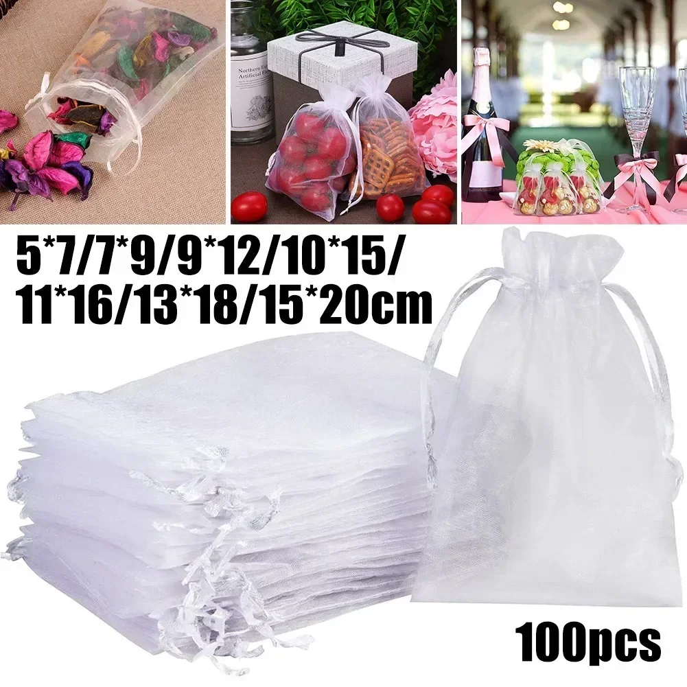 

100pcs/lot White Drawstring Organza Bags 7x9 9x12 10x15 13x18 15x20cm Wedding Birthday Party Jewelry Gift Packaging Bags Pouches