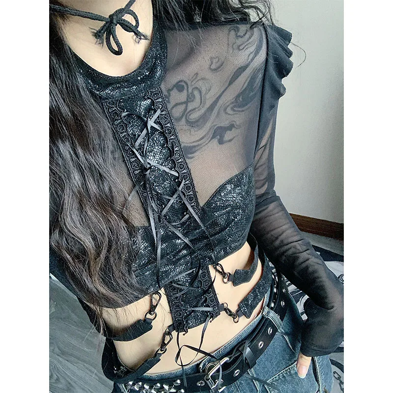 Women's Mesh Crop Top Alternative Fashion Going Out Shirt for Alternative Wardrobes, Seasonal Layering and Nightlife Outfits
