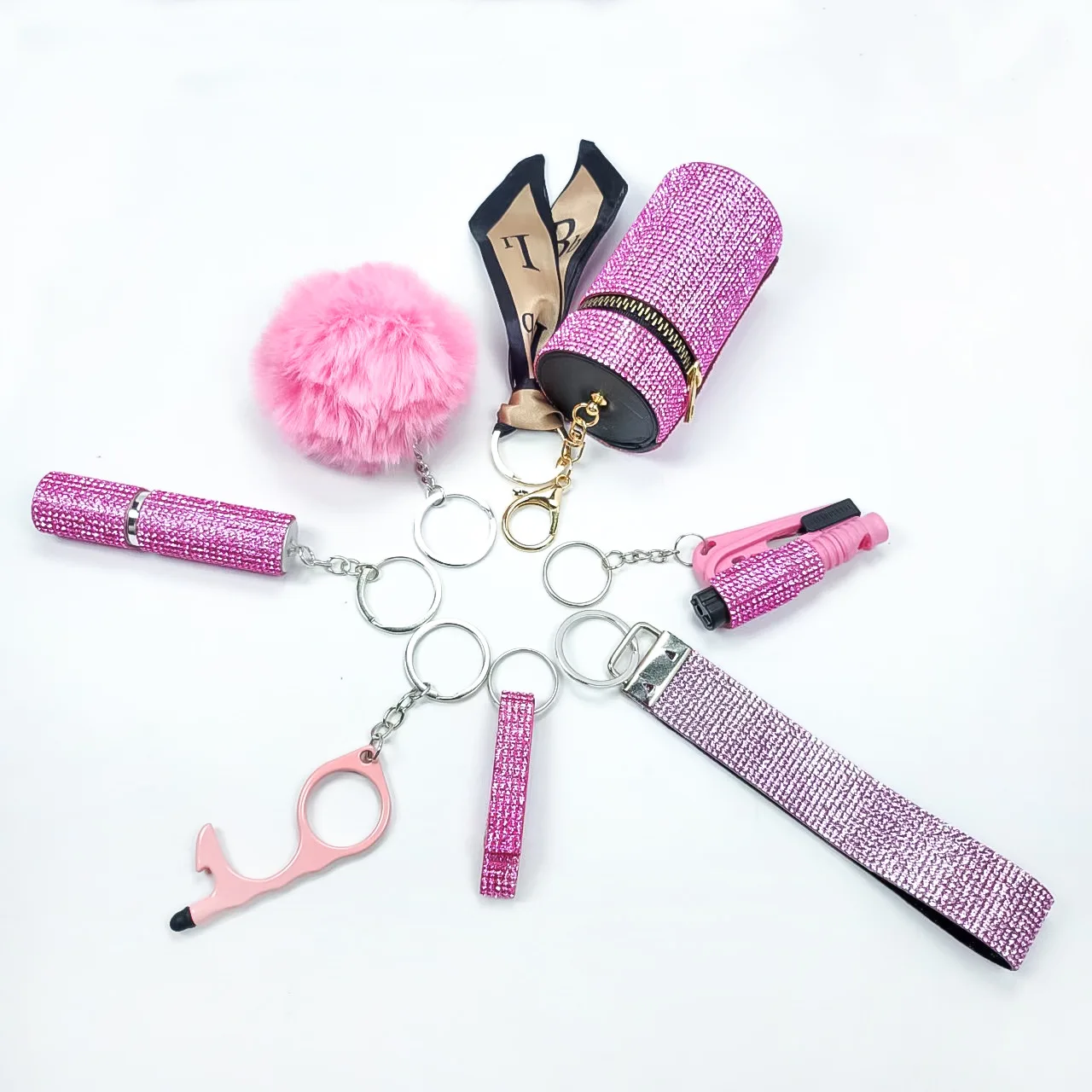 

7PCS/Set Self-Defense Set DIY Bling Rhinestone Lipstick Window Breaker Pompoms Women Children Gift Keychains