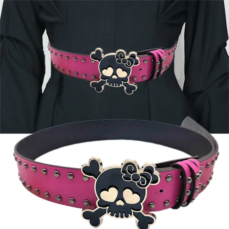 Women PU Belt Skull Buckle Waist Belt Subcultures Rivets Studded Waistband 2000s Jeans Pants Belt Hot Girl Waistband