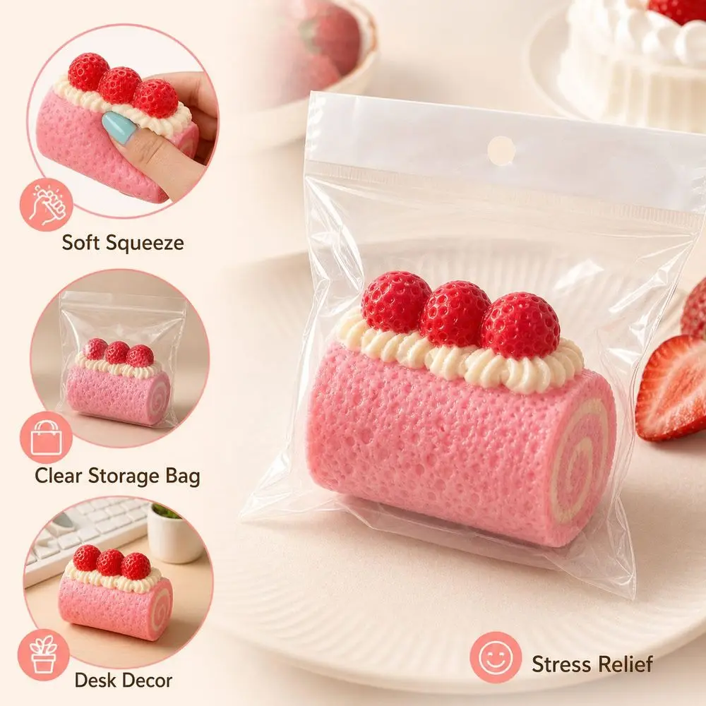 TPR Cake Roll Squishy Soft Squeezable Strawberry Topping Squeeze Realistic Food Style Flexible Texture Squishy Pinch Le