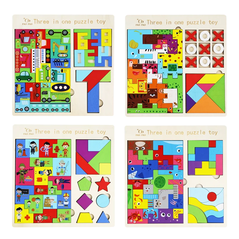 3 In 1 Wooden Puzzles Color Cognitive Sorting Mathematical Calculation Intelligence Puzzle XO Traffic Jigsaw Board For Kids