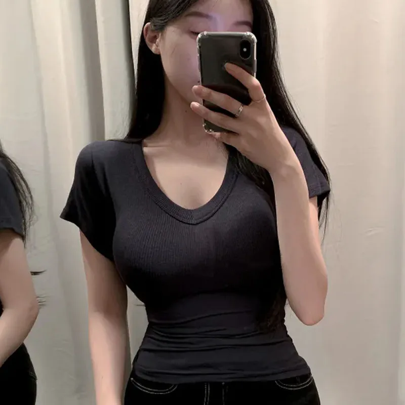 2026 Kurzarm-T-Shirt für Damen, einfarbig, schlicht, lässig, weich, vielseitig, Basic Crop Tops, Sommermode, eng anliegende Oberteile, Schwarz, Weiß – Detail 5