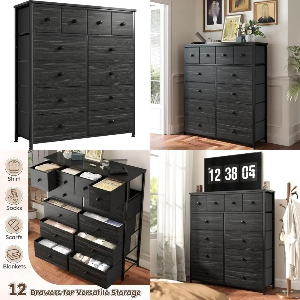 Cómoda de dormitorio de 12 cajones con estructura de metal, frentes de tela y tapa de madera para mujer, solución de almacenamiento 40.6 de ancho, resistente y elegante