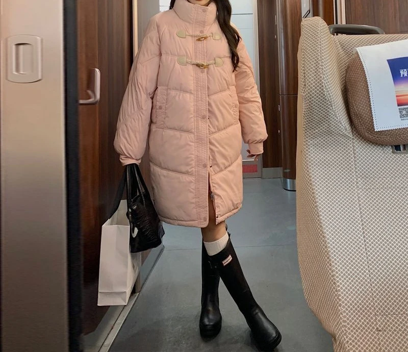 Cow Horn Button New Cotton Jacket, Down Cotton Jacket, Women's Winter Coat, Loose and Thick, Medium To Long Style