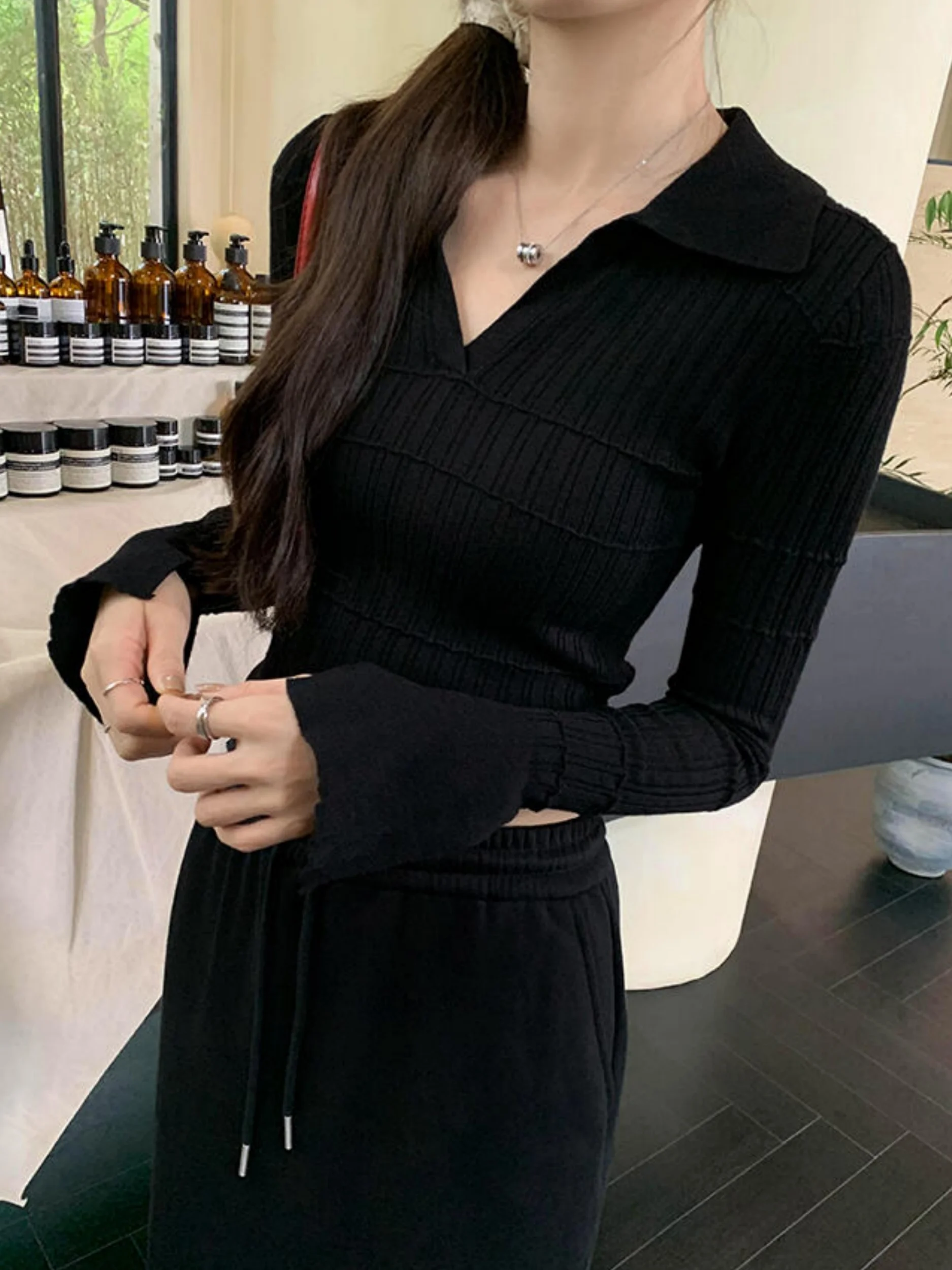 Purple  Neck Long Sleeve Knitted Sweater Women's Autumn High-End Feeling Inner Wear Slim Fit Bell Sleeve Base Top view 4