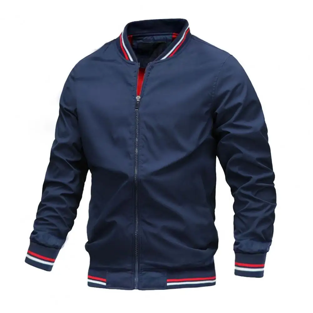 

Men Jacket Stand Collar Long Sleeve Patchwork Color Baseball Jacket Full Zipper Closure Two Side Pockets Male Casual Jacket Coat